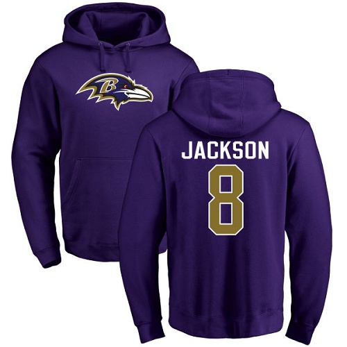 Men Baltimore Ravens Purple Lamar Jackson Name and Number Logo NFL Football #8 Pullover Hoodie Sweatshirt->baltimore ravens->NFL Jersey